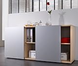 Bümö® Büro Sideboard mit Schwebetüren | Büroschrank mit Stauraum für Ordner, Bücher und Material | Aktenschrank in 5 Farben (Ahorn/Silber) -