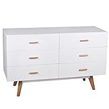 WOHNLING Retro Sideboard SCANIO Kommode Skandinavisch mit 6 Schubladen MDF Weiß Matt Füße Eiche Massivholz Anrichte -