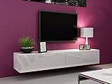 TV Schrank Vigo, Fernsehschrank, TV Lowboard mit Grifflose Öffnen, Hängeschrank Hochglanz Matt Wohnwand (Länge: 180 cm, Weiß / Weiß Hochglanz) -