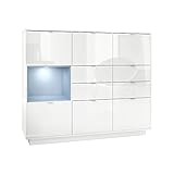Vladon Highboard Sideboard Metro V2, Korpus in Weiß Hochglanz/Fronten in Weiß Hochglanz mit Einsatz in Denim Matt, inkl. LED Beleuchtung