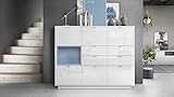 Vladon Highboard Sideboard Metro V2, Korpus in Weiß Hochglanz/Fronten in Weiß Hochglanz mit Einsatz in Denim Matt, inkl. LED Beleuchtung - 2