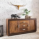 FineBuy Sideboard Karna Sheesham Massiv Holz 160 x 80 x 44 cm mit Kunstleder | Kommode mit Türen & Schubladen | Massive Design Anrichte | Massivholz Schrank